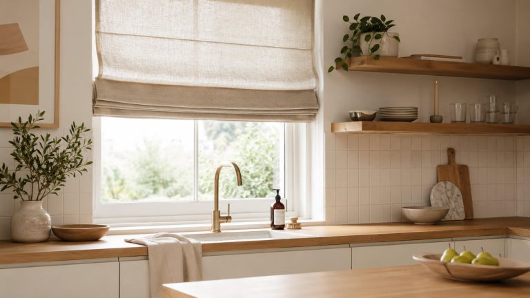 Store bateau en tissu naturel sur mesure dans une cuisine contemporaine