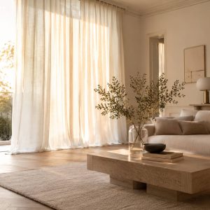 Voilages en lin sur mesure devant une baie vitrée, lumière naturelle